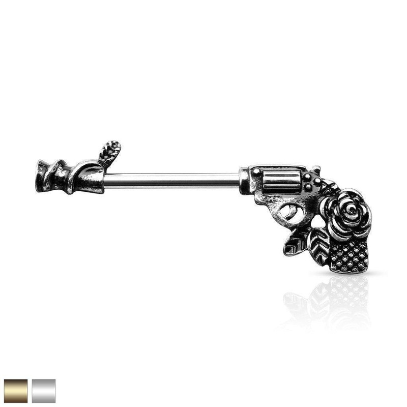 Floral Pistol Nipple Bar 14G Antique Gold