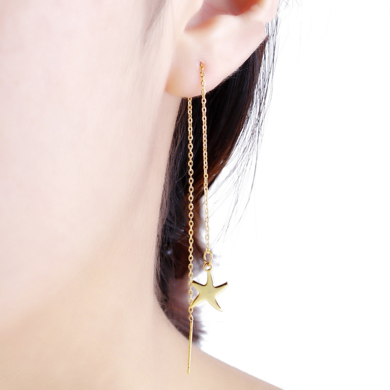 Maisie Threader Star Charm Drop Chain Earrings in Gold Starfish