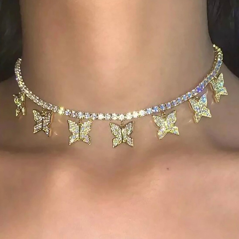 Mariposa Trending Chunky Crystal Butterfly Choker Necklace Gold