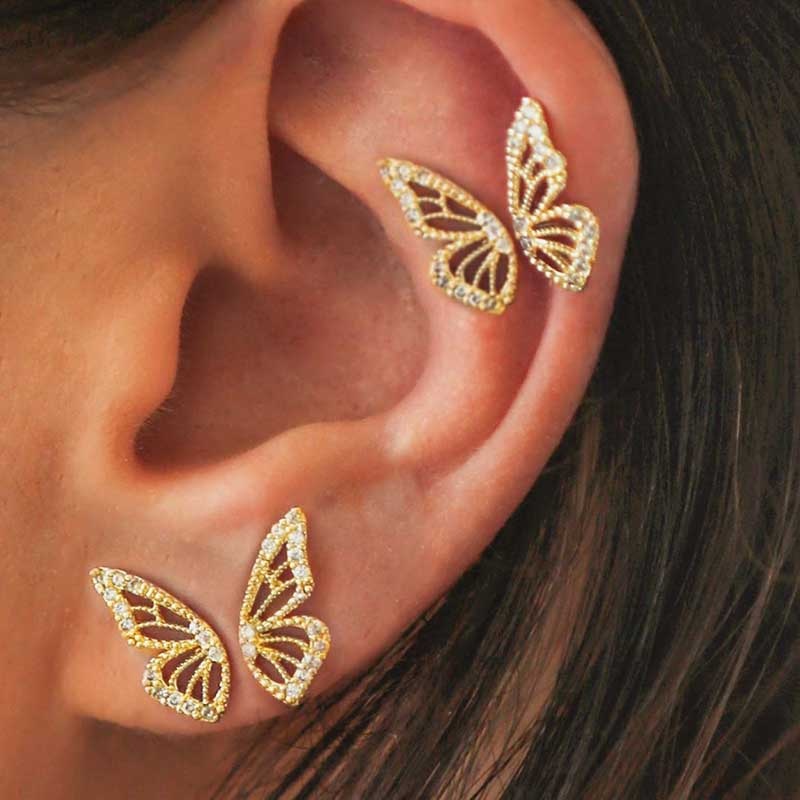Mariposal Crystal Pave Double Butterfly Earring Stud Gold – 1 Pair