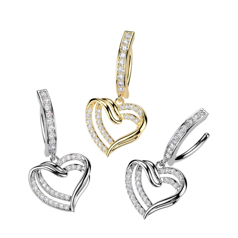 Paved Heart Dangle Hinged Belly Bar 14G Gold