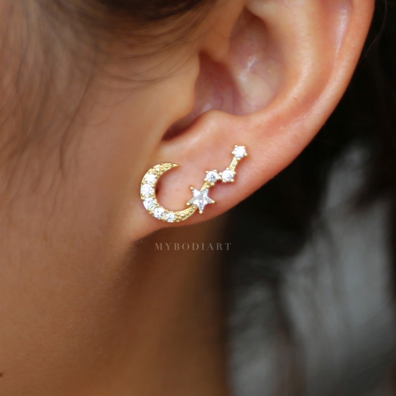 Starly Crystal Moon and Star Ear Climber Earring Gold
