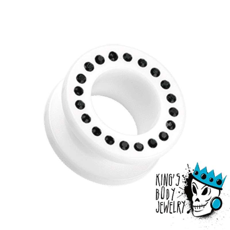 White Acrylic w/ Black Bling Flesh Tunnels (8 gauge – 11/16 inch) 8 g