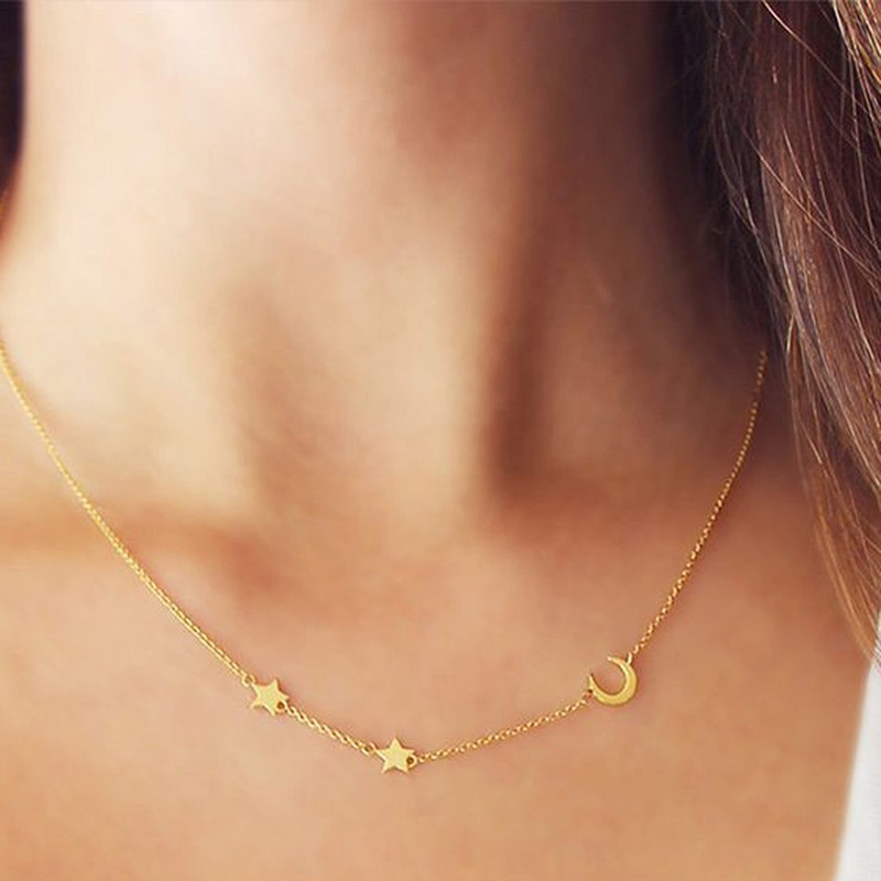 Aminity Floating Moon & Stars Charm Chain Necklace Gold