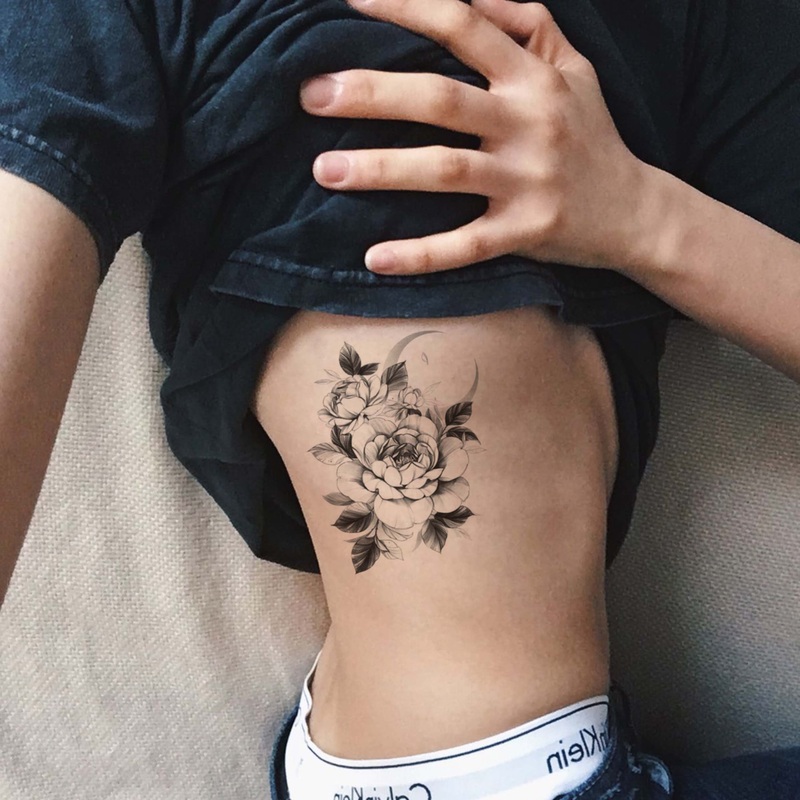 Rini Realistic Black and White Floral Flower Moon Temporary Tattoo