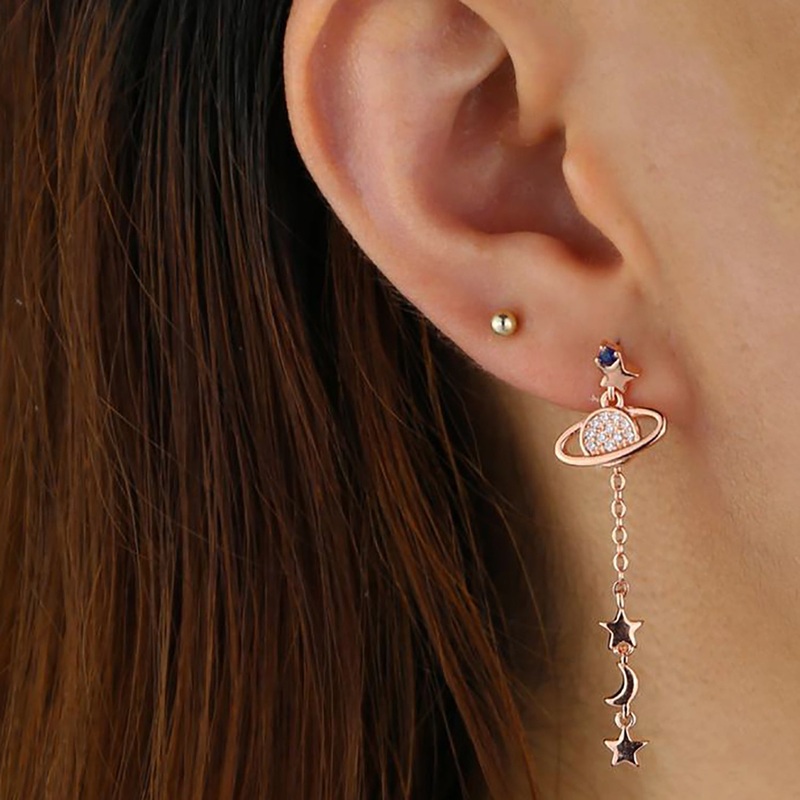 Sai Moon & Stars Planet Chain Drop Earring Studs Rose Gold