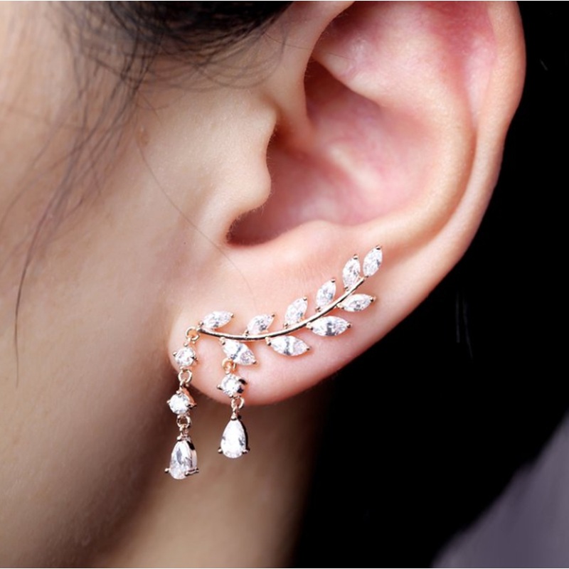 Siren Fancy Crystal Drop Leaf Ear Climber Crawler Earring Gold