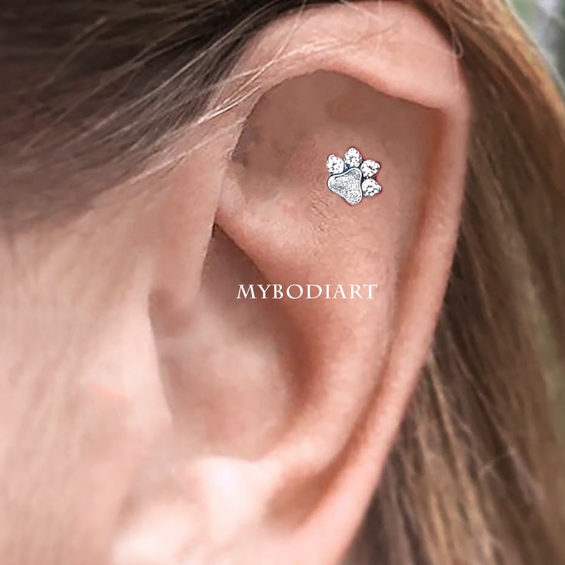 Woof Cute Crystal / Opal Dog Paw Ear Piercing Earring Labret 16G Barbell Stud Clear Crystal – Single Piercing (1) 6mm Wearable Barbell Length