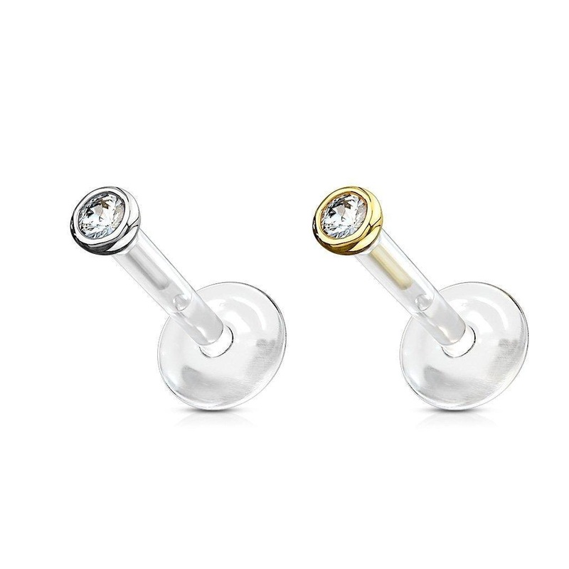 14kt Gold Clear Gem Bioflex Labret 16G White Gold 6mm