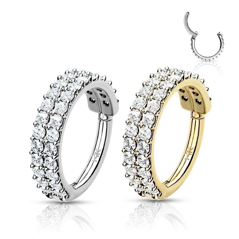 14kt Gold Double Row Paved Hinged Ring 16G White Gold 8mm