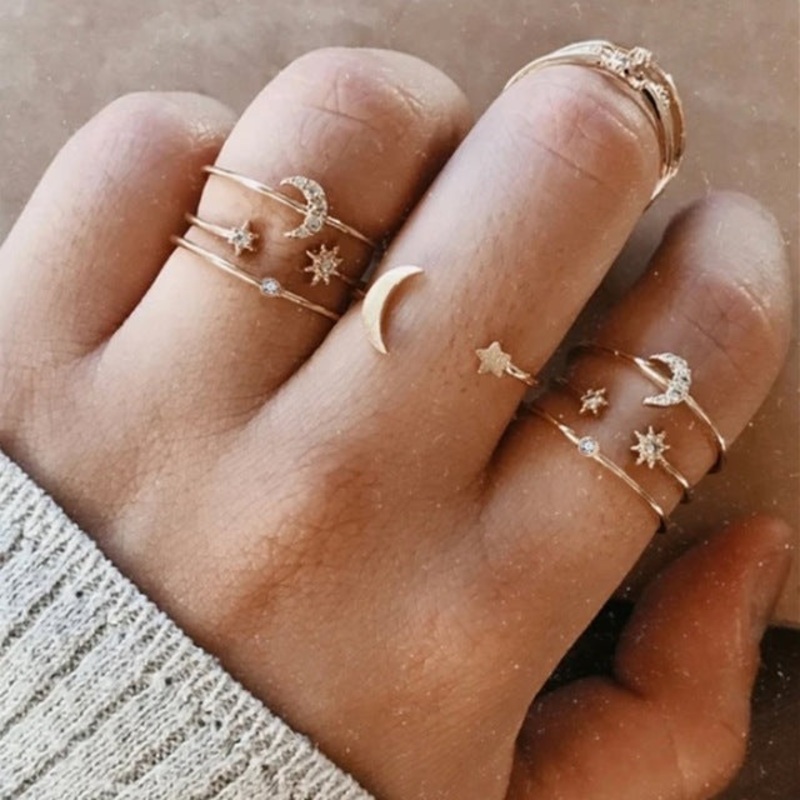 Bellatrix Cute Moon Celestial Star Adjustable Gold 7 Pieces Rings Set