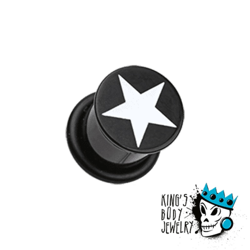 Black Acrylic Single Flare Plug with White Star (6 gauge – 3/4 inch) 6 g
