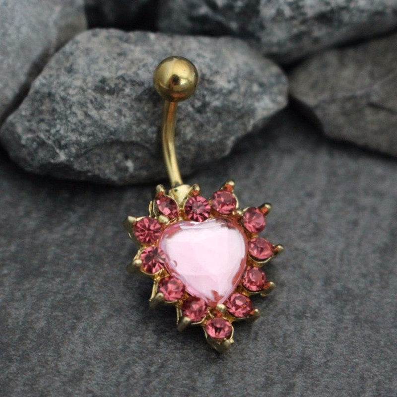Clea Heart Belly Bar in Pink Crystals Pink
