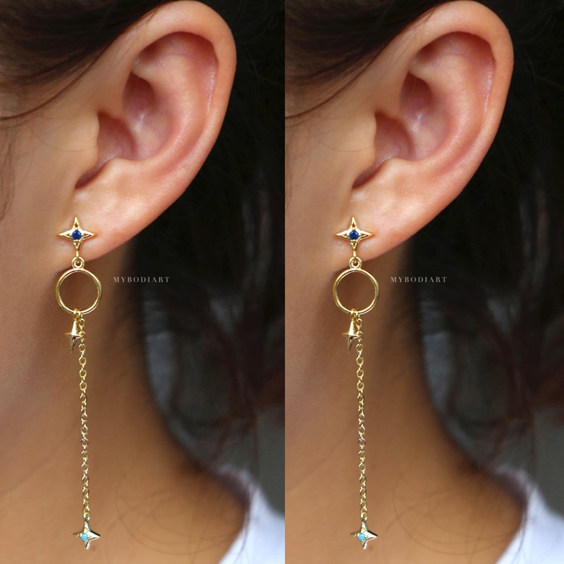 Rini Unique Hoop & Stars Chain Drop Earrings in Gold