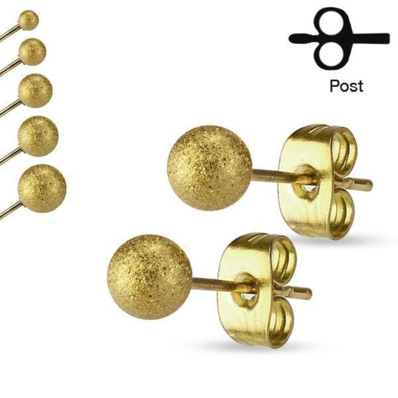 Sand Blasted Ball Earrings Pair Gold 7mm