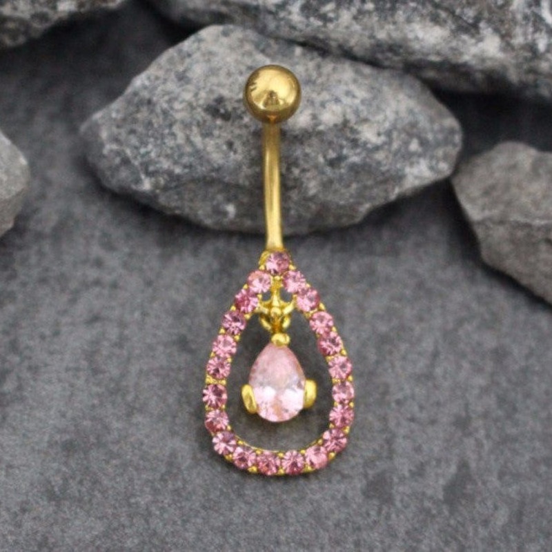 Tear Drop Belly Bar in Pink Crystal