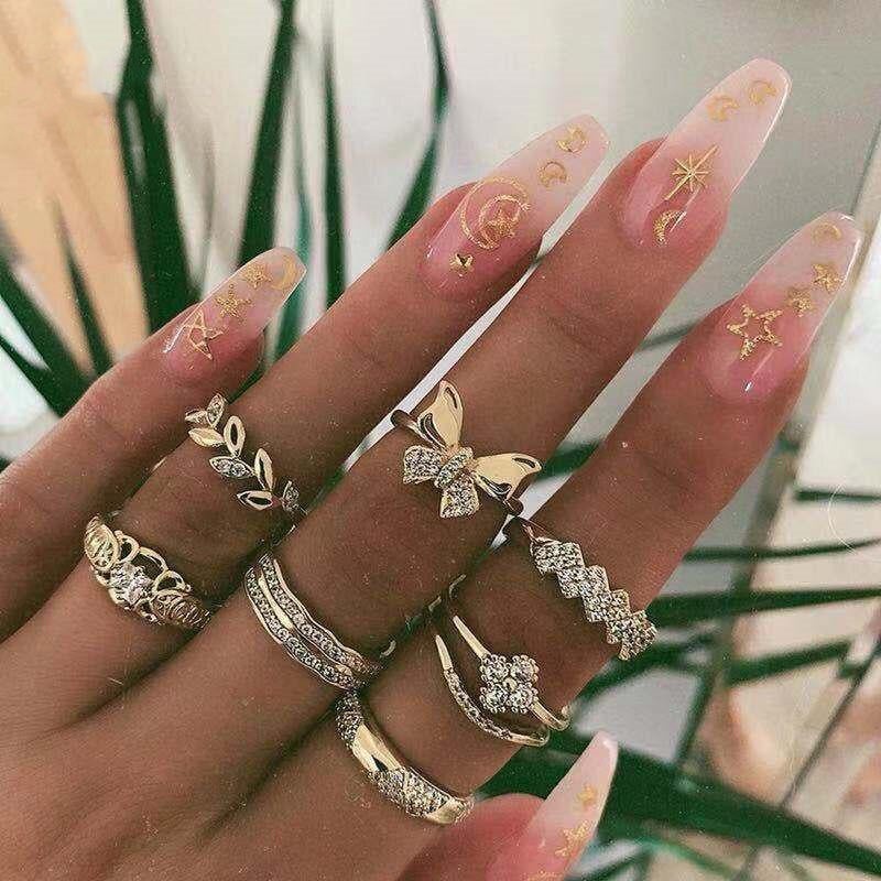 Tina Cute Unique Stackable Gold Butterfly Statement 7 Piece Ring Set