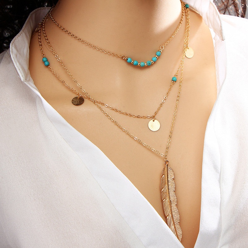 Winona Boho Turquoise Layered Gold Necklace Feather