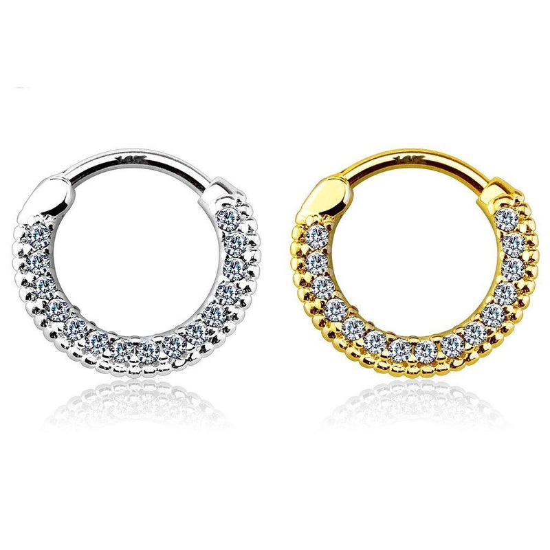 14kt Gold CZ Paved Septum Clicker 16G Yellow Gold