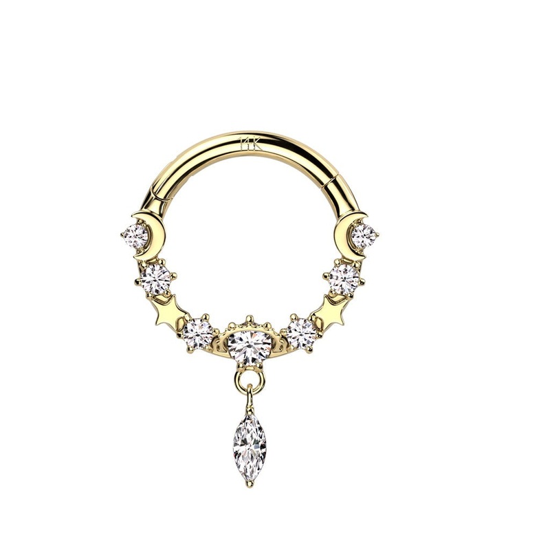 14kt Gold Moon and Star Hinged Ring 16G Yellow Gold 8mm