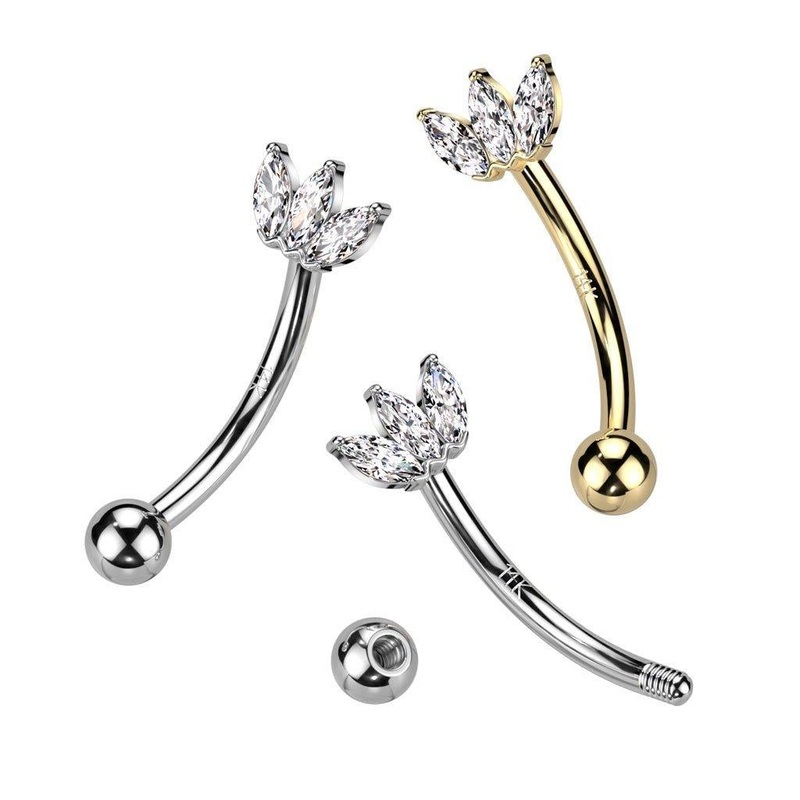 14kt Gold Triple Gem Curve 16G 8mm White Gold