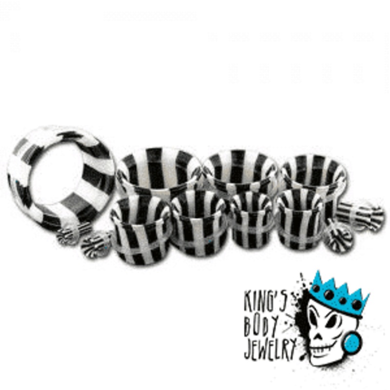 Black and White Striped Glass Single Flare Tunnels (8 gauge – 1 inch) 8 g