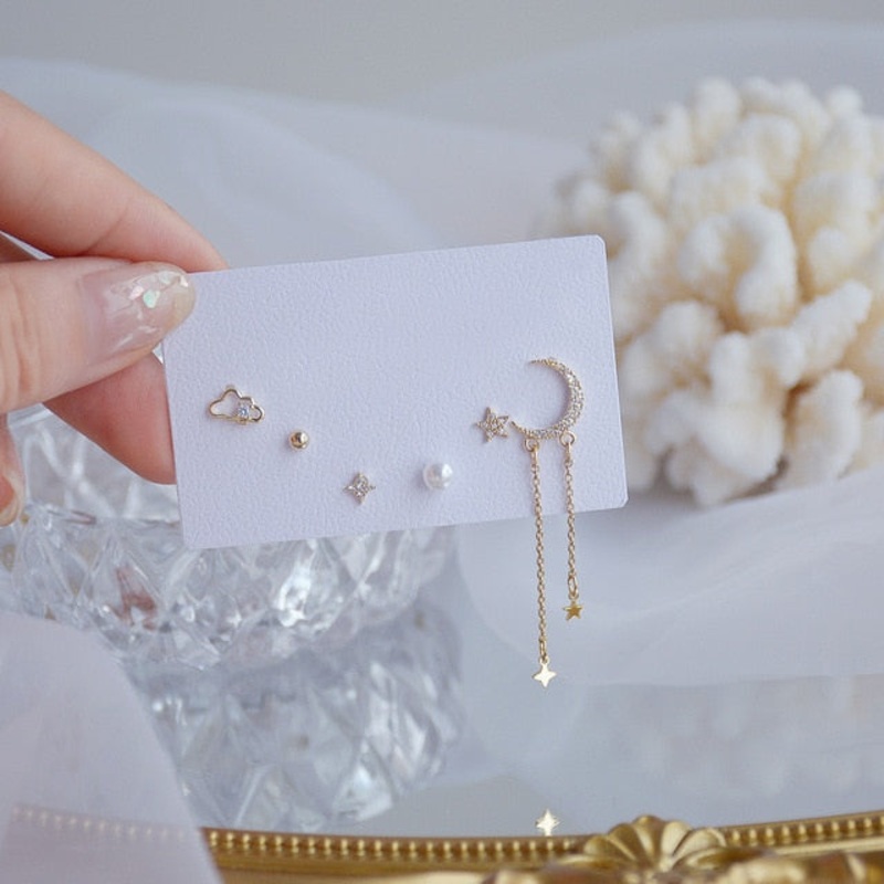 Dreamy Moon Star Cloud Pearl 6 Pieces Earring Studs Set