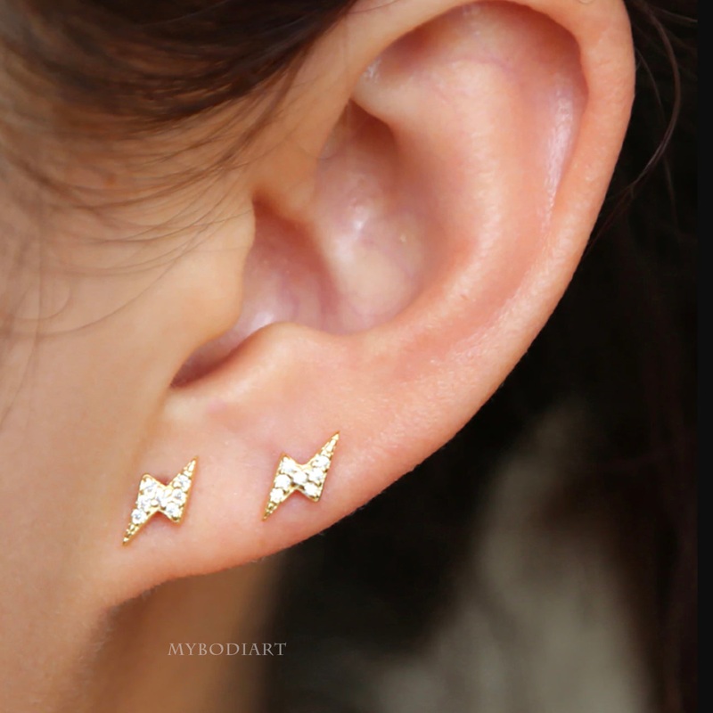 Kiara Cute Small Dainty Minimalist Crystal Lightning Bolt Earring Studs Gold