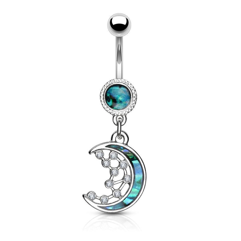 Mother of Pearl Moon Belly Bar 14G Gold