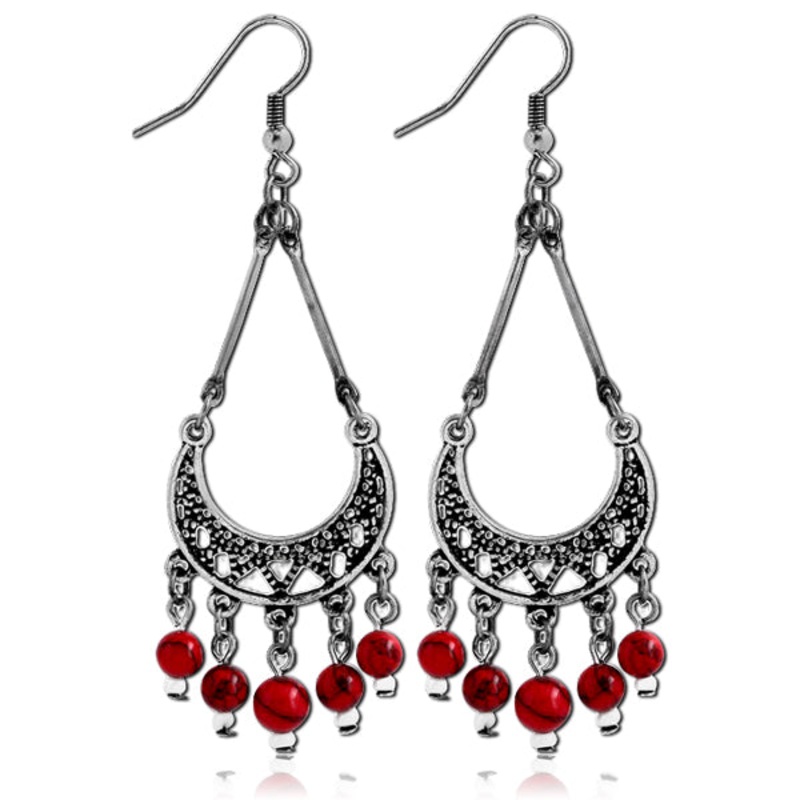 Red Vintage Crescent Beaded Earring Pair