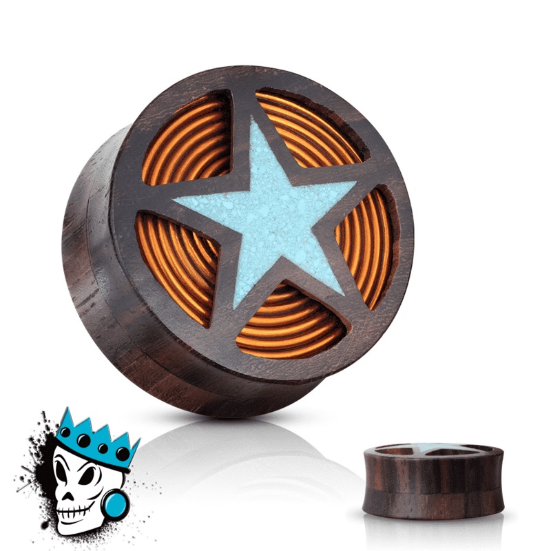 Sono Wood with Turquoise Star and Copper Inlay Plugs (00 gauge – 1 inch) 00 g