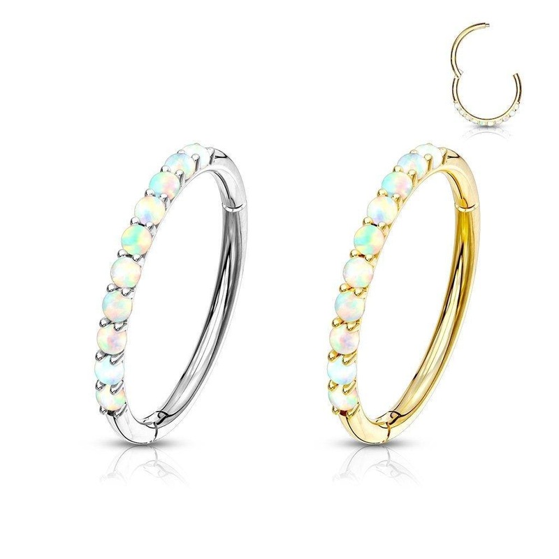 14kt Gold Opal Side Paved Hinged Ring 16G White Gold 8mm