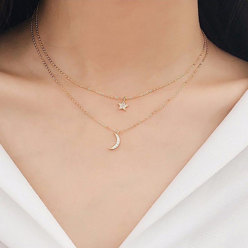 Alyra Dainty Double Layered Chain Star Moon Pendant Choker Necklace Rose Gold