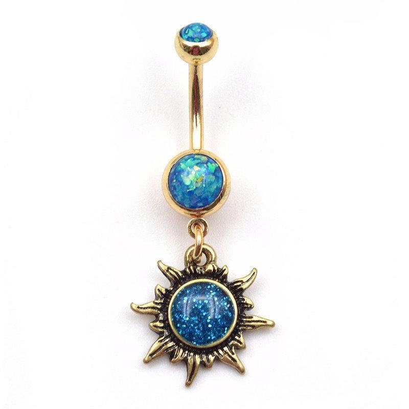 Flame Opal Sun Gold Belly Button RIng
