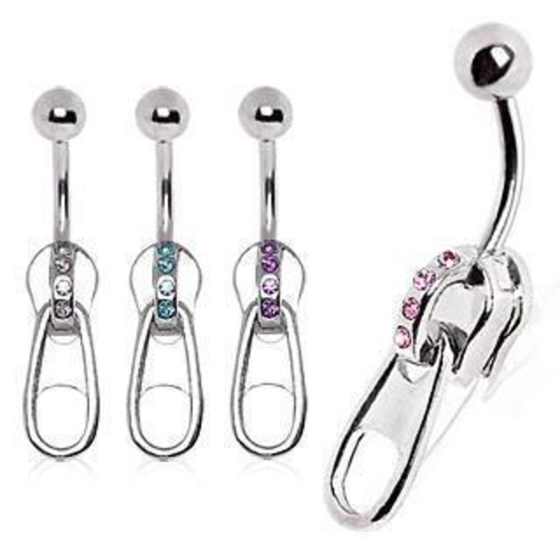 Gem Zipper Belly Bar 14G Aqua