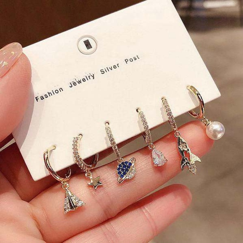 Janus Celestial Pave Huggie Hoop Earring Stud Set 6 Pieces Gold