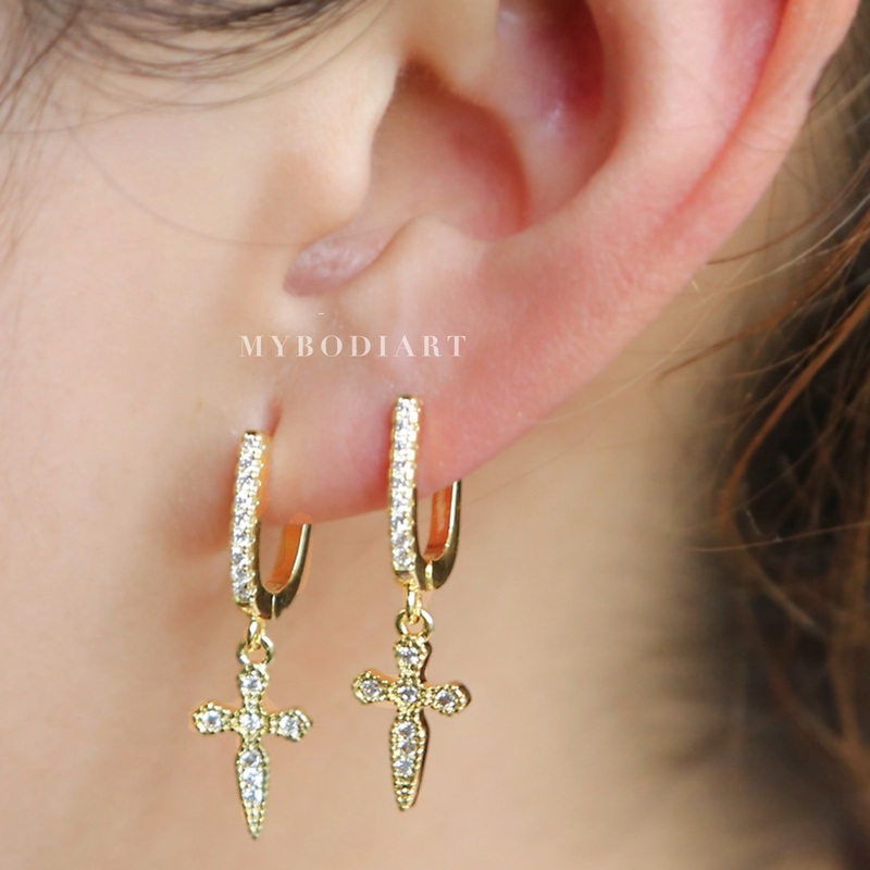 Jemma Cute Crystal Cross Dangle Small Hoop Earrings in Gold