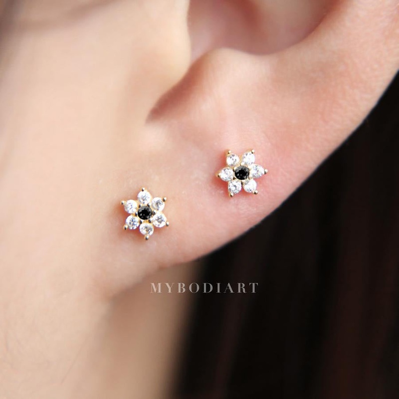 Nina Dainty Small Black Crystal Flower Ear Piercing Stud Earrings in Gold