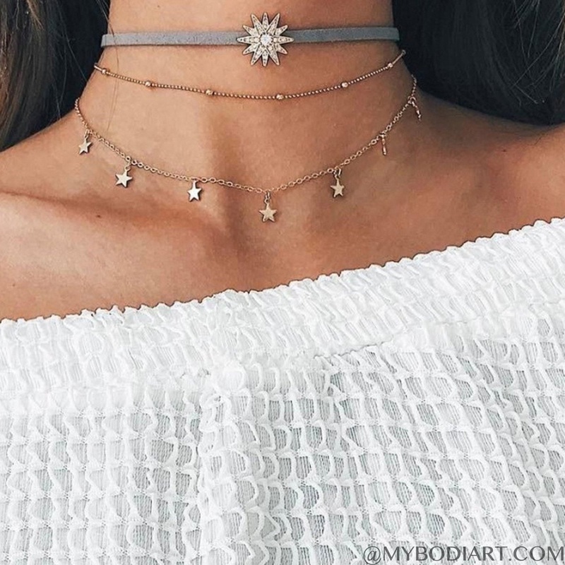 Starlight Star Sun Layered Choker Necklace Set in Gold