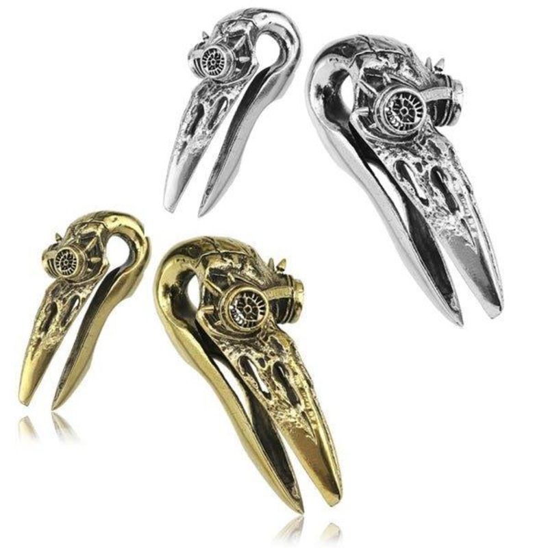 Steampunk Crow Skull Ear Weights PAIR Brass (Gold)