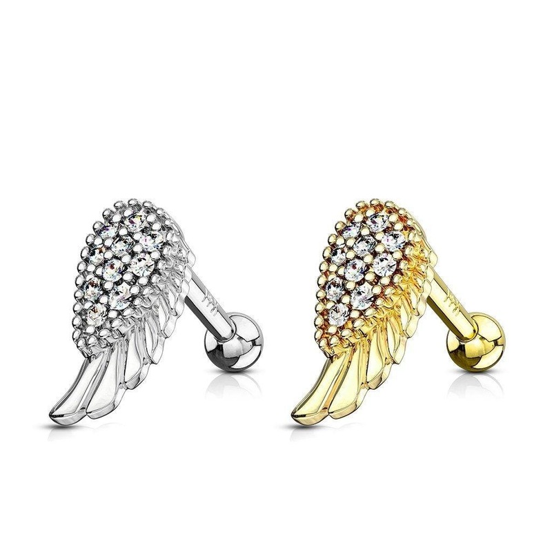 14kt Gold Angel Wing Cartilage Bar 16G 6mm White Gold