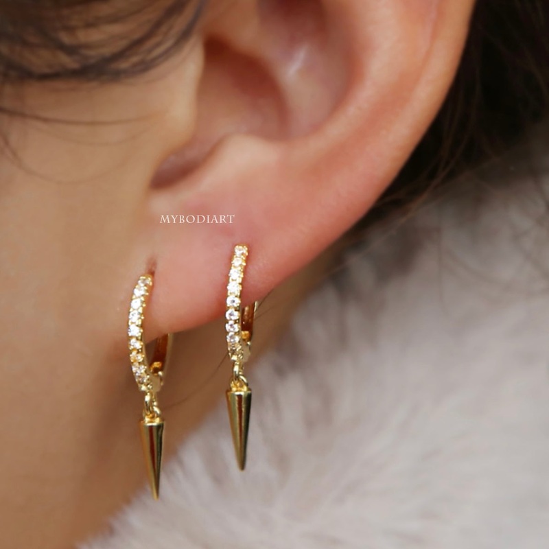Arisa Edgy Crystal Long Spike Huggie Hoop Earrings in Gold