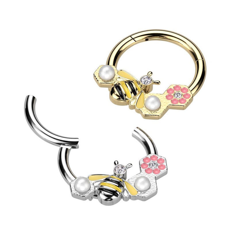 Bee and Flower Hinged Ring 16G 8mm Gold