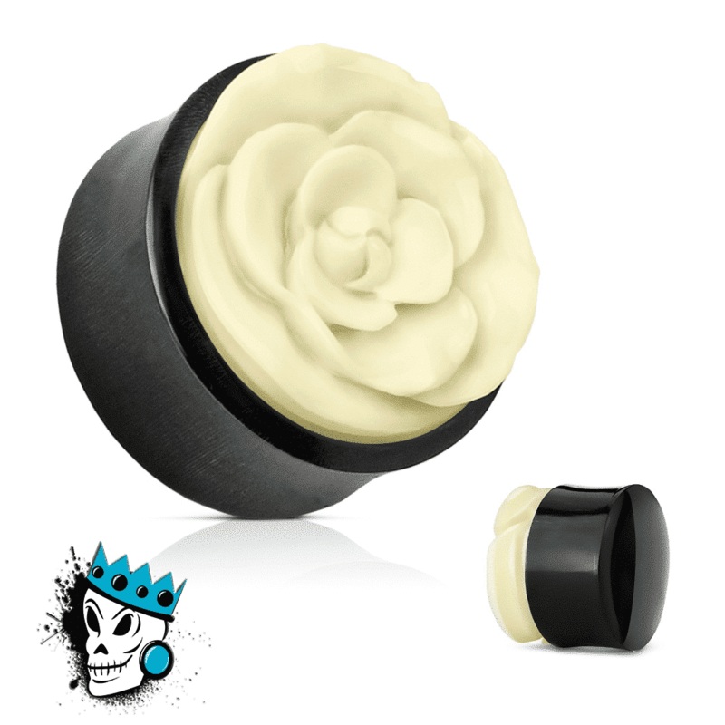 Buffalo Horn with Inlaid Bone Rose Plugs (12 mm- 1 inch) 12 mm