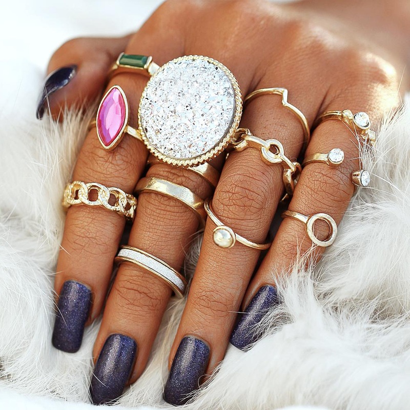 Naomi Chunky Crystal Fashion Statement Rings Set 12 Pieces
