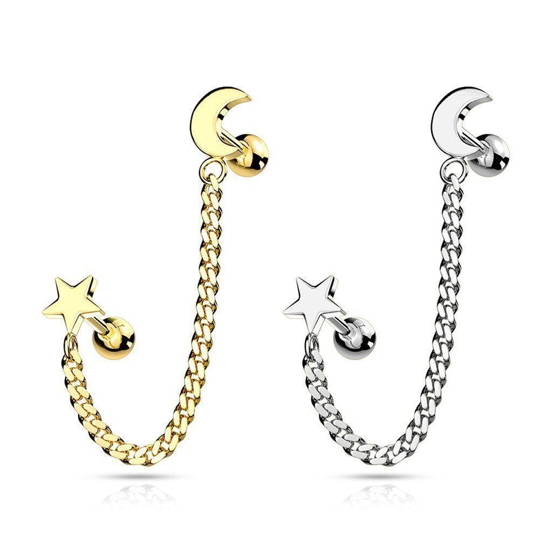 Star and Moon Cartilage Chain 16G Gold
