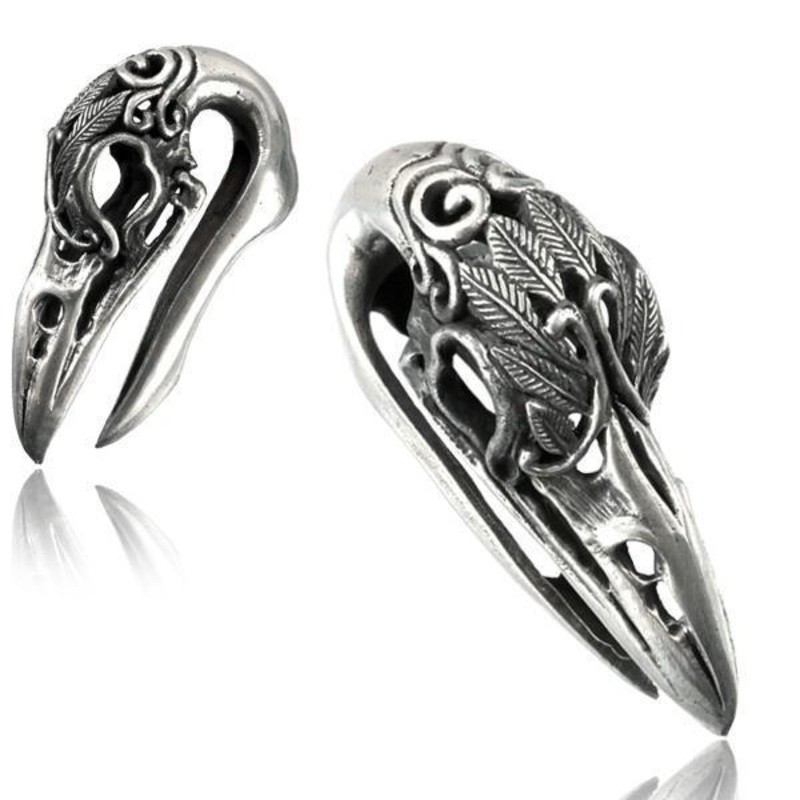White Brass Crow Skull Ear Weights PAIR