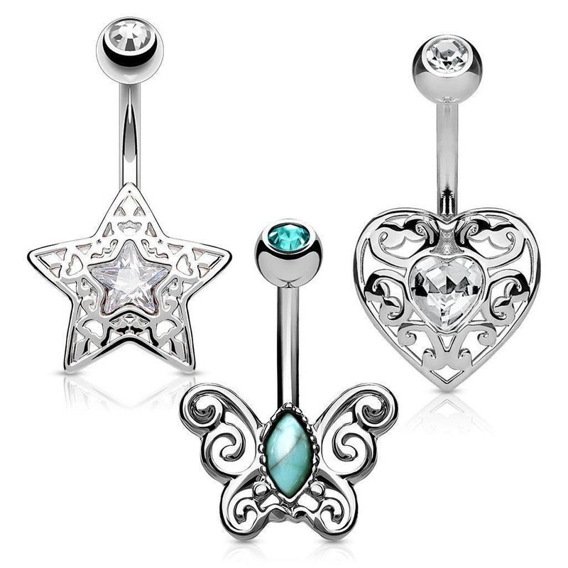 3pc Star Heart Butterfly Belly Bars 14G