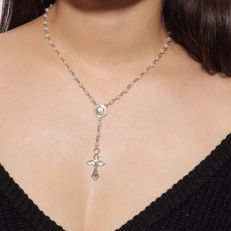 Atarah Beautiful Pearl Crystal Cross Pendant Rosary Lariat Necklace in Gold