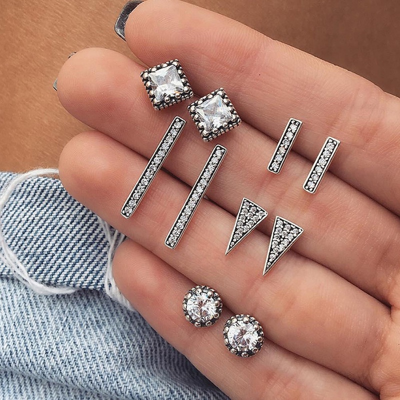 Eden Crystal Vintage Bar Triangle Square Circle Geometric Shapes Ear Piercing Earring Studs Set 5 Pairs
